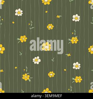 Tiny Daisy Flowers Whimsical Seamless Pattern Stripes Spring Summer Floral Vector Background Stock Vector