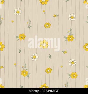 Tiny Daisy Flowers Whimsical Seamless Pattern Stripes Spring Summer Floral Vector Background Stock Vector