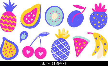 Summer Tropical Fruit Set Playful Collection Pineapple Papaya Kiwi Plum Strawberry Fig Watermelon Banana Vector Collection Stock Vector