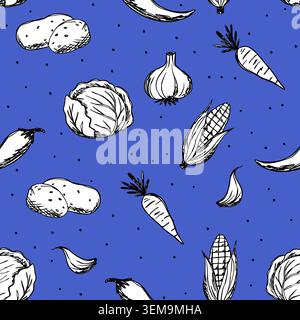 Farm Vegetable Seamless Pattern With Hand Drawn Vegetables Rustic Doodle Cottagecore Food Background Stock Vector