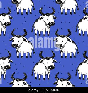 Bull Animal Seamless Farm Pattern Hand Drawn Cow Bulls Rustic Doodle Livestock Vector Background Stock Vector