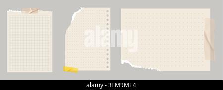 Copybook Notebook Notepad Torn Paper with Washi Tape Strip Grid Lined Squared Plan Page Ripped Paper Vector Note Set Stock Vector