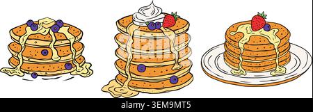 Pancake Doodle Set Cartoon Breakfast Sketch Hand Drawn Berry Vector Collection Stock Vector
