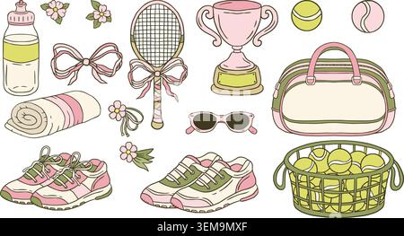 Tennis Doodle Set Sport Sketch Coquette Handdrawn Pink Feminine Vector Clipart Collection Stock Vector