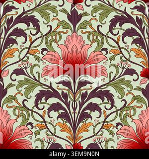 Art Nouveau Seamless Pattern With Vintage Iris Flowers And Antique Baroque Ornamental Leaves Vector Stock Vector