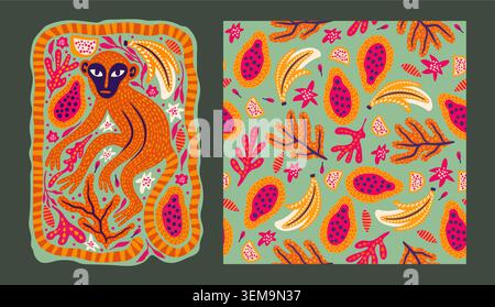 Whimsical Monkey Exotic Vintage Seamless Pattern Background Tropical Jungle Poster Set Wild Boho Vector Collection Stock Vector