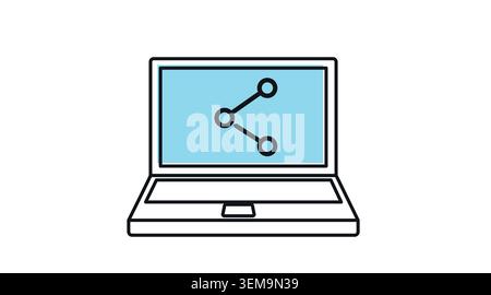 Laptop with share icon on screen: portable notebook computer representing digital sharing and social media connectivity, modern black line art with of Stock Vector