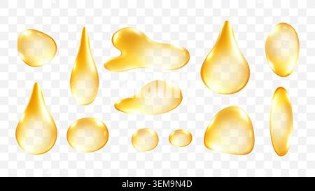 Golden Liquid Drops 3d Set Realistic Honey Oil drop Serum Glossy Vector Gold Element Collection Stock Vector
