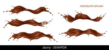 Chocolate milk cream or drink wave splashes, brown choco, coffee and cocoa flow. Vector 3d splashes of realistic melted chocolate, choco milk and cream sauce, coffee and cacao wave flows with drops Stock Vector
