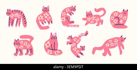 vector set with cute cats with flowers in warm colors, childrens pattern. Vector illustration Stock Vector