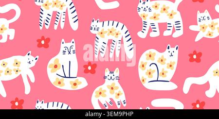 vector seamless pattern with cute cats with flowers in warm colors, childrens pattern. Vector illustration Stock Vector