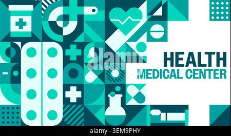 Health care medical center banner with medicine geometric pattern. Vector teal and dark green banner with pills, medical cross symbols, heartbeat monitor and capsules for hospital and clinic branding Stock Vector