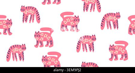 vector seamless pattern with cute cats with flowers in warm colors, childrens pattern. Vector illustration Stock Vector