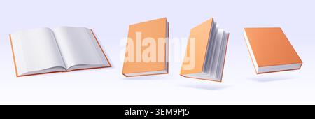 3d books, bestseller and school textbooks. Realistic vector mockup of orange hardcover books in open, closed, standing and lying down positions, conveying library reading, study, literature education Stock Vector