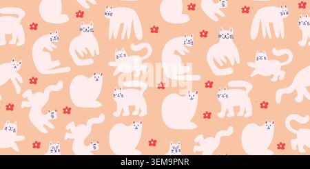 vector seamless pattern with cute cats with flowers in warm colors, childrens pattern. Vector illustration Stock Vector