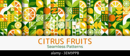 Ripe citrus fruits seamless patterns with geometric ornament background. Vector motifs with lemon, orange, lime, mandarin, leaves in orange, green and yellow tones, evoking fresh vibrant summer mood Stock Vector