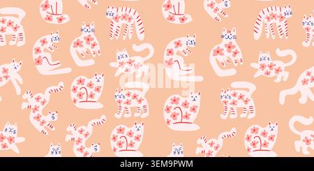 vector seamless pattern with cute cats with flowers in warm colors, childrens pattern. Vector illustration Stock Vector