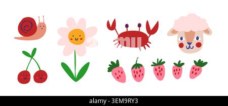 vector set of cute children characters doodles - snail, flower, cherry, sheep, crab, strawberry. Vector illustration Stock Vector