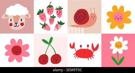 patchwork seamless pattern with cute children characters and symbols crab, sheep, flower, strawberrry icons. Vector illustration Stock Vector