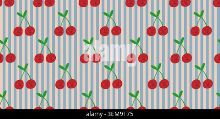 vector seamless pattern with cherries and blue stripes, trendy children pattern. Vector illustration Stock Vector