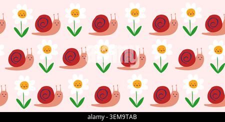children pattern with cute snails and flowers in warm colors. Vector illustration Stock Vector