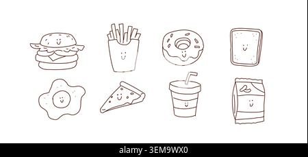 Cute hand drawn junk food icon set with smiling faces. Vector illustration Stock Vector