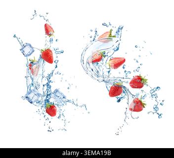 Fresh strawberries and water splashes in air on white background Stock Photo
