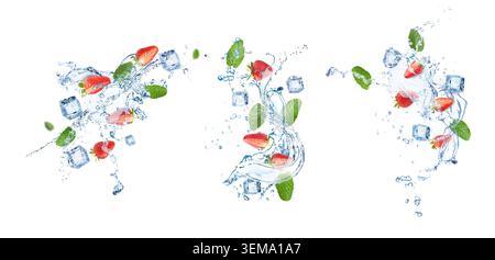 Fresh strawberries, ice cubes and water splashes in air on white background, set Stock Photo