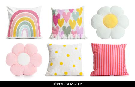 Different throw pillows isolated on white, set Stock Photo