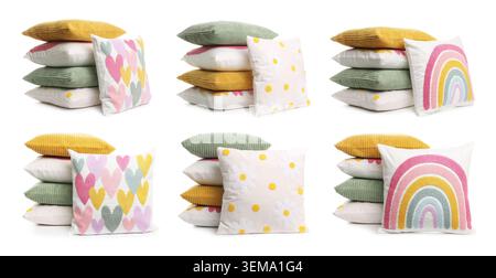 Different throw pillows isolated on white, set Stock Photo