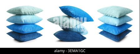 Throw pillows in shades of blue isolated on white, set Stock Photo