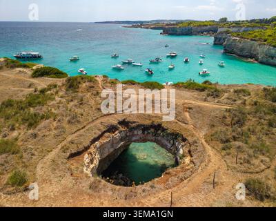 Aerial view of Grotta Sfondata near Otranto in Puglia Stock Photo