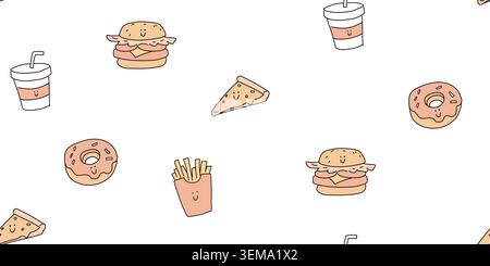 Seamless colorful junk food doodle pattern for kids. Vector illustration Stock Vector