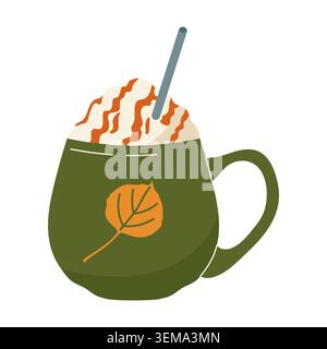 Cozy green mug with pumpkin spice latte whipped cream and autumn leaf Stock Vector