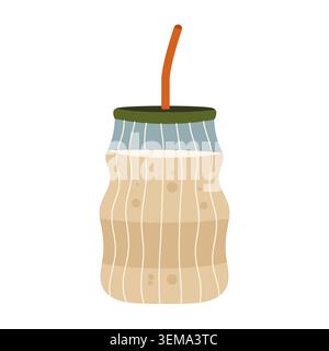 Modern ribbed glass with iced coffee or latte and drinking straw Stock Vector