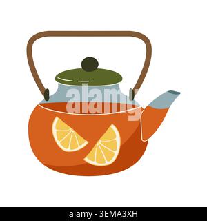 Glass teapot with hot citrus tea and orange slices Stock Vector