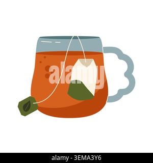 Clear glass mug with black or herbal tea bag Stock Vector