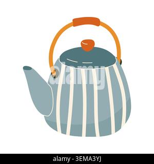 Cute ceramic teapot with blue and white stripes and wooden handle Stock Vector