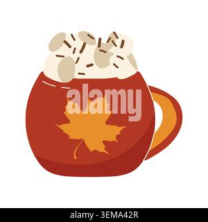 Red autumn mug with maple leaf hot cocoa and marshmallows Stock Vector