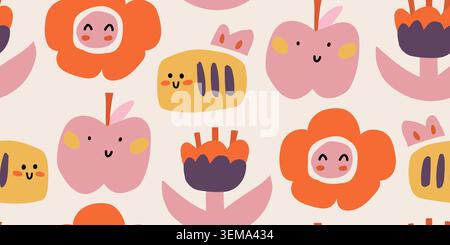 Seamless cute kids doodle pattern with flowers and bees. Vector illustration Stock Vector