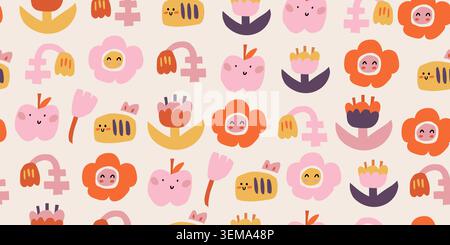 Seamless cute kids doodle pattern with flowers and bees. Vector illustration Stock Vector