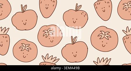 Seamless cute fruit pattern with smiling faces in pastel tones. Vector illustration Stock Vector