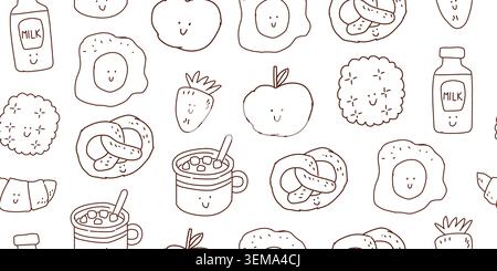 Seamless black and white food doodle pattern for kids. Vector illustration Stock Vector