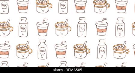 Seamless cute drink pattern with smiling bottles in warm colors. Vector illustration Stock Vector