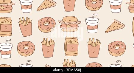 Seamless colorful junk food doodle pattern for kids. Vector illustration Stock Vector