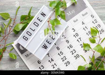 Golden Week. May 2024 monthly desk calendar. Green Day Stock Photo