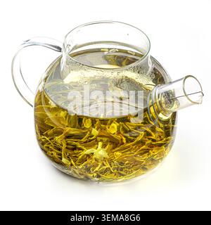Isolated jasmine tea in glass teapot on white Stock Photo