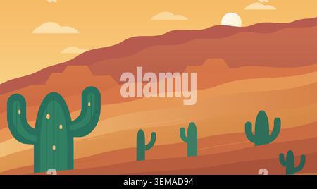 Desert landscape with cacti and mountains at sunset Stock Vector