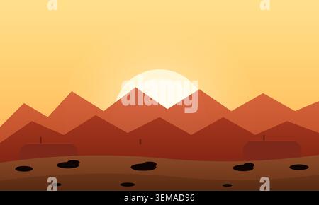 Minimalist desert landscape with red mountains and sunset sky Stock Vector