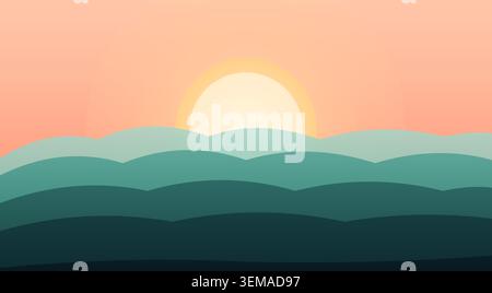 Minimalist landscape illustration with rolling hills and sunset sky Stock Vector